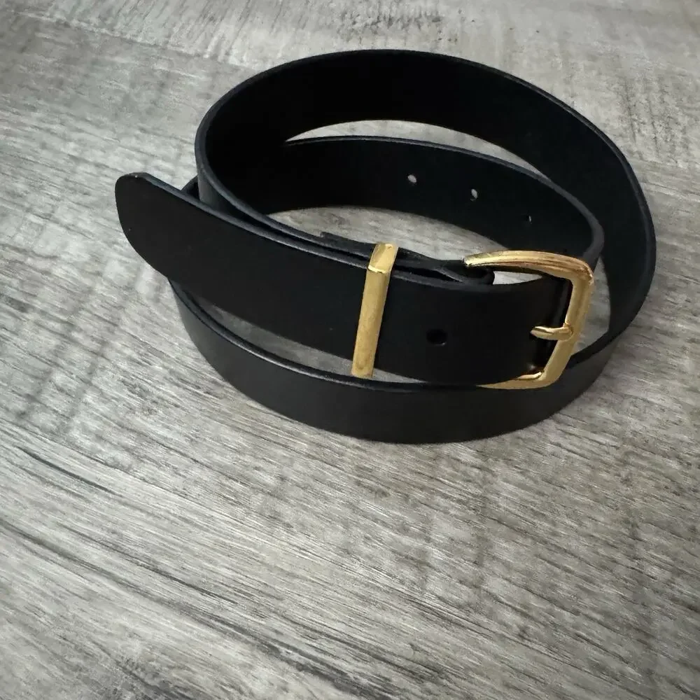 Madewell Womens Essential Leather Belt True Black Size XS Brass Gold Tone Buckle